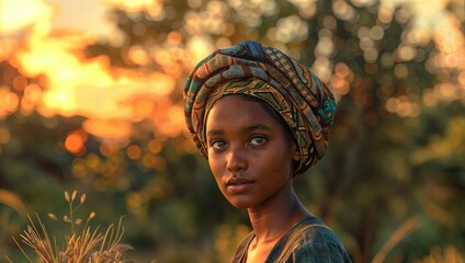 Wall Mural - A young African girl wearing a colorful shawl on her head with a field behind her.