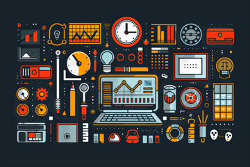Wall Mural - Market research and digital marketing with Illustrate a startup conducting in-depth market research to inform comprehensive digital marketing strategies, with detailed research tools, charts, digital
