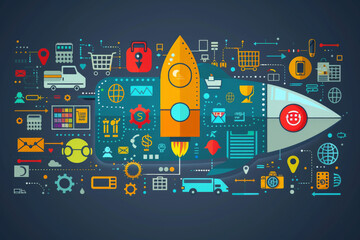 Wall Mural - Growth hacking and e-commerce with Create a flat design concept of a startup team using advanced growth hacking techniques to boost e-commerce sales, with detailed e-commerce platforms, growth
