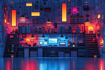 Wall Mural - Bootstrapping and business incubator with Design a detailed flat design illustration of a startup actively working within a business incubator, emphasizing the bootstrapping journey with clear tools,