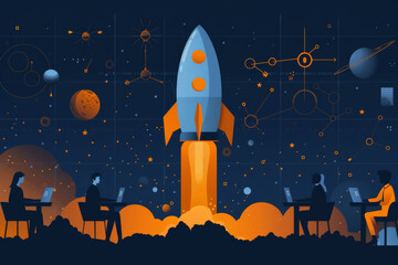 Wall Mural - Bootstrapping and business incubator with Design a detailed flat design illustration of a startup actively working within a business incubator, emphasizing the bootstrapping journey with clear tools,