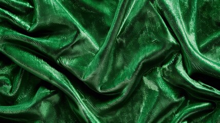 a close-up of luxurious, shiny green satin fabric with rich folds and creases