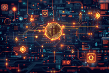 Wall Mural - Fintech and blockchain with Illustrate a modern startup seamlessly integrating fintech solutions with blockchain technology, with digital currencies, blockchain icons, fintech tools, and strategic