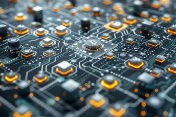Wall Mural - Fintech and blockchain with Illustrate a modern startup seamlessly integrating fintech solutions with blockchain technology, with digital currencies, blockchain icons, fintech tools, and strategic