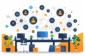 Wall Mural - Social media strategy and partnership development with Create a flat design concept showing a startup team developing a robust social media strategy while forming strategic partnerships, with social