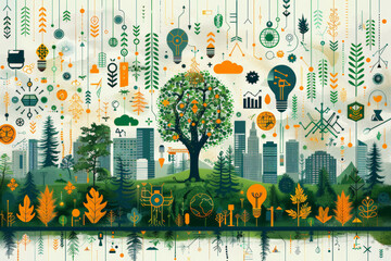 Wall Mural - Artificial intelligence and sustainability in business with Design a detailed vector illustration of a startup using advanced artificial intelligence to promote sustainability in business practices,