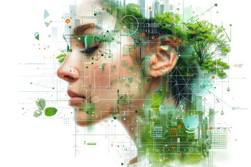 Wall Mural - Artificial intelligence and sustainability in business with Design a detailed vector illustration of a startup using advanced artificial intelligence to promote sustainability in business practices,