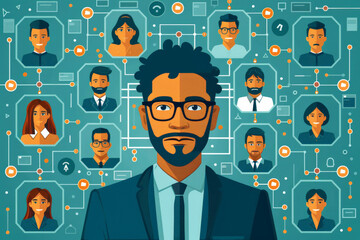 Wall Mural - Talent acquisition and leadership with Create a flat design image of a startup leader guiding the team through the talent acquisition process, with detailed interview scenes, recruitment tools,