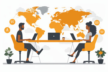Wall Mural - Remote work and global expansion with Illustrate a startup team effectively working remotely while meticulously planning global expansion, with laptops, cloud-based tools, global maps, expansion