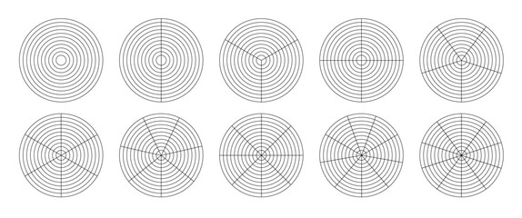 Wall Mural - Polar grid concentric circles and steps. Blank vector polar graph paper. Radar circular graph screen. Grid with concentric circles diagram. Vector