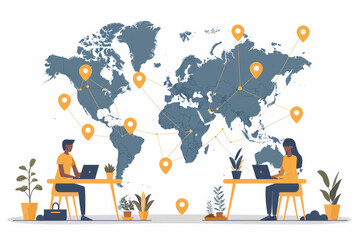 Wall Mural - Remote work and global expansion with Illustrate a startup team effectively working remotely while meticulously planning global expansion, with laptops, cloud-based tools, global maps, expansion