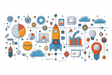 Wall Mural - Customer acquisition and MVP (Minimum Viable Product) with Create a flat design image of a startup team focusing on advanced customer acquisition strategies while developing a Minimum Viable Product
