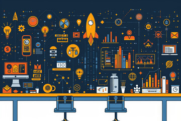 Wall Mural - Networking and product development with Illustrate a startup team engaging in dynamic networking events while focusing on innovative product development, with detailed networking icons, product