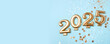 © Anna - Golden 2025 on a blue color background with confetti and bokeh lights. Happy New Year 2025 is coming concept. Top view.