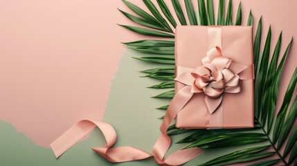 Wall Mural - A gift box with a decorative ribbon bow, set on a flat lay solid color background with dried flowers and tropical leaves, featuring ample area for copy