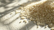 © Jakraphong - Rice Grains Spread on White Background with Strong Lighting, Emphasizing Texture and Shape