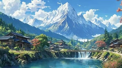 Wall Mural - The village in Japan anime illustration is surrounded by breathtaking natural beauty, with towering mountains and crystal-clear rivers providing a stunning backdrop to everyday life