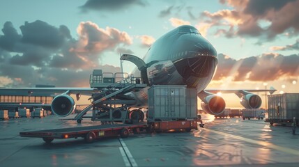 Wall Mural - Freighter jet aircraft being loaded with cargo containers at the airport