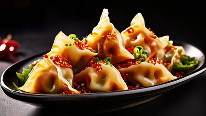 Sticker - A plate of dumplings with chili peppers and green onions