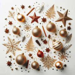 Wall Mural - A collection of gold and red ornaments, including stars, snowflakes