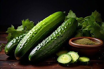 Wall Mural - Three cucumbers are sitting on a wooden table with some parsley