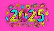 © Anna - Colorful illustration of the number 2025 surrounded by various doodles of stars, flowers, and smiley faces on a pink background.