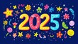 © Anna - Colorful illustration of the number 2025 surrounded by various doodles of stars, flowers, and smiley faces on a dark blue background.