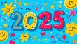 © Anna - Colorful illustration of the number 2025 surrounded by various doodles of stars, flowers, and smiley faces on blue background.