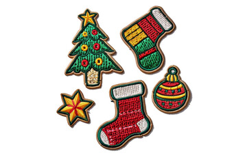 colorful embroidered christmas patches featuring a tree, stockings, a star, and an ornament, perfect