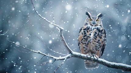 Wall Mural - Owl perched on a branch in a snowy scene