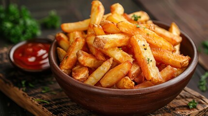 Wall Mural - Crispy golden french fries in a wooden bowl with ketchup on rustic wooden table