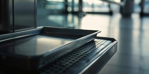 Poster - Close-up of a tray for personal items at security, focused, deserted, muted noon tones