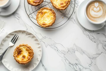 Wall Mural - Traditional Portuguese egg tart dessert Pasteis Pastel de nata on a cooling rack and ceramic plate with a fork, a cup of coffee over a white marble background