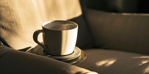 Poster - Drink coaster on a lounge armchair, close-up, focused, no humans, dim dawn light 