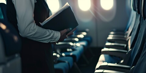 Poster - Close-up of a flight attendant's emergency procedure manual, sharp focus, deserted, bright day light 