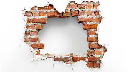 Damaged brown brick wall with a hole