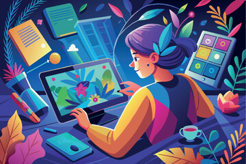 Wall Mural - A girl sitting at a table working on a computer with an open graphic design program. The computer screen displays a bright floral pattern. Various objects are arranged around the person.