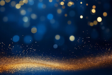 Wall Mural - golden abstract bokeh, waves and particles on blue background. celebrating christmas, new year or ot