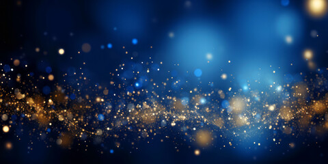 Wall Mural - Golden abstract bokeh on blue background. Celebrating Christmas, New Year or other holidays.