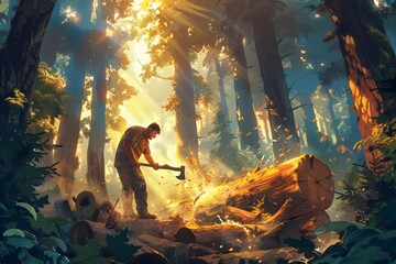 A man is chopping a tree with an axe in a forest