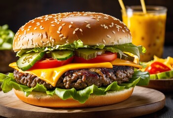 Wall Mural - juicy classic cheeseburger fresh melted cheddar sesame seed bun, lettuce, tomato, pickles, savory, delicious, fast, food, beef, american, cuisine, tasty