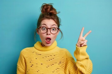 Wall Mural - surprised reaction young woman points at empty space shock and amazement expression