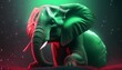 © CoffeeeCraze - A majestic elephant standing in an enchanted forest, bathed in mystical green and red light. The ethereal atmosphere and detailed portrayal highlight the strength and grace of the elephant.