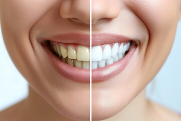 Wall Mural - Before and after teeth whitening, smile, dental care, white teeth, dentist services, oral hygiene, beauty promotions