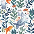© Hybrid Theory - A whimsical underwater pattern with adorable seals, Nemo fish, leaves, and seaweed in a hand-drawn style. The illustration features a loose and carefree feel, creating a charming and whimsical design.