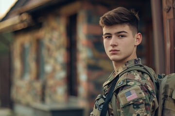 Wall Mural - Patriotic young soldier in camouflage uniform standing in front of his house. American serviceman coming back home after serving in the military