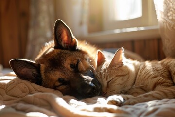 Poster - Peaceful cat and dog napping together in a sunny room