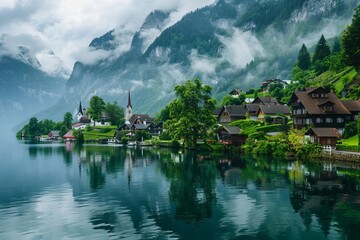 tranquil lakeside town nestled in lush greenery and majestic mountains serene landscape