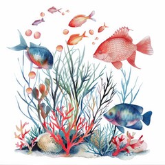 Sticker - Vibrant Underwater World: Watercolor Oceanic Life in Aquarium Theme