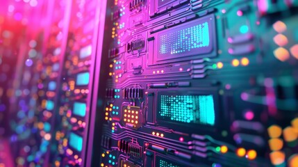 Poster - HighTech Server Processing Data on a Modern Circuit Board with Multicolored Technology Background and 3D Rendered Bokeh Elements